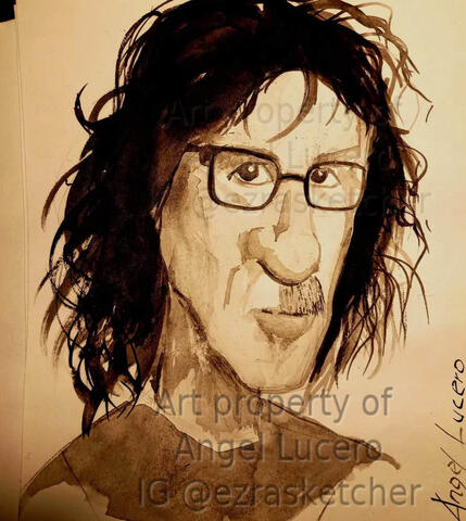 Caricature portrait of rock artist Charly Garcia, ink on paper