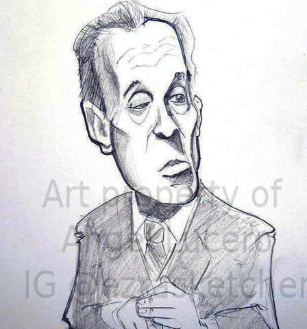 Caricature portrait of Argentine writer Jorge Luis Borges, pencil on paper