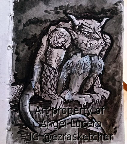 A scary gargoyle on a tower, as foretold by Gorillaz