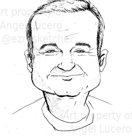 Caricature portrait of American actor Robin Williams, ballpoint pen on paper